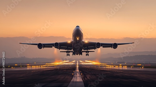 airplane taking off at sunset