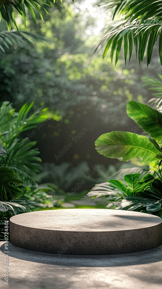 Concrete podium tabletop floor in outdoor tropical garden forest Concrete podium tabletop floor in outdoor tropical garden forest