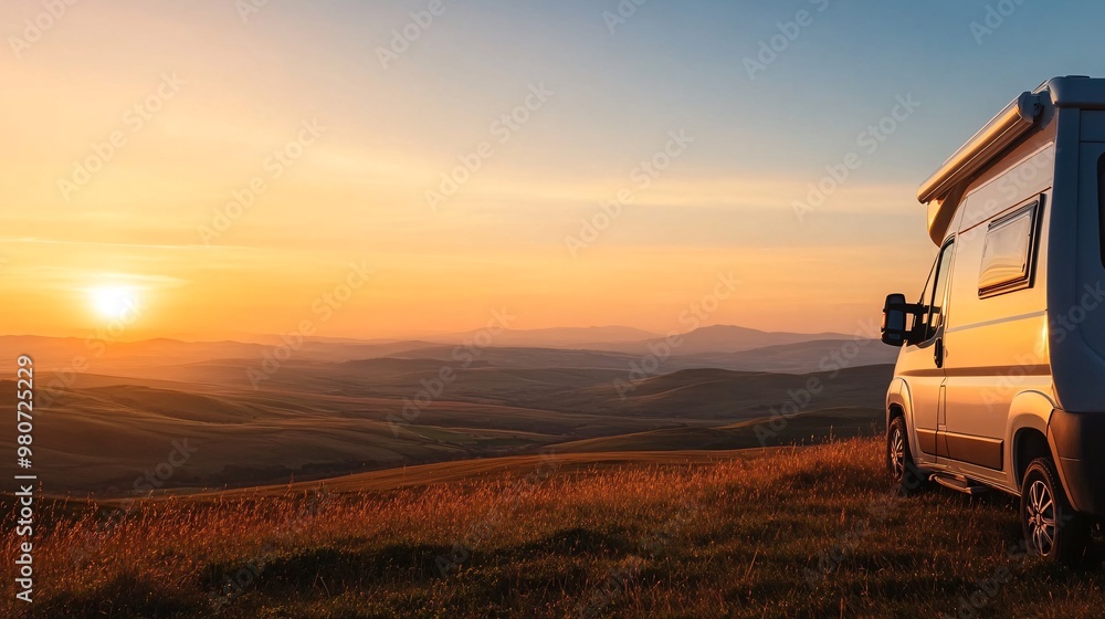 Fototapeta premium camper van at sunset over mountain landscape