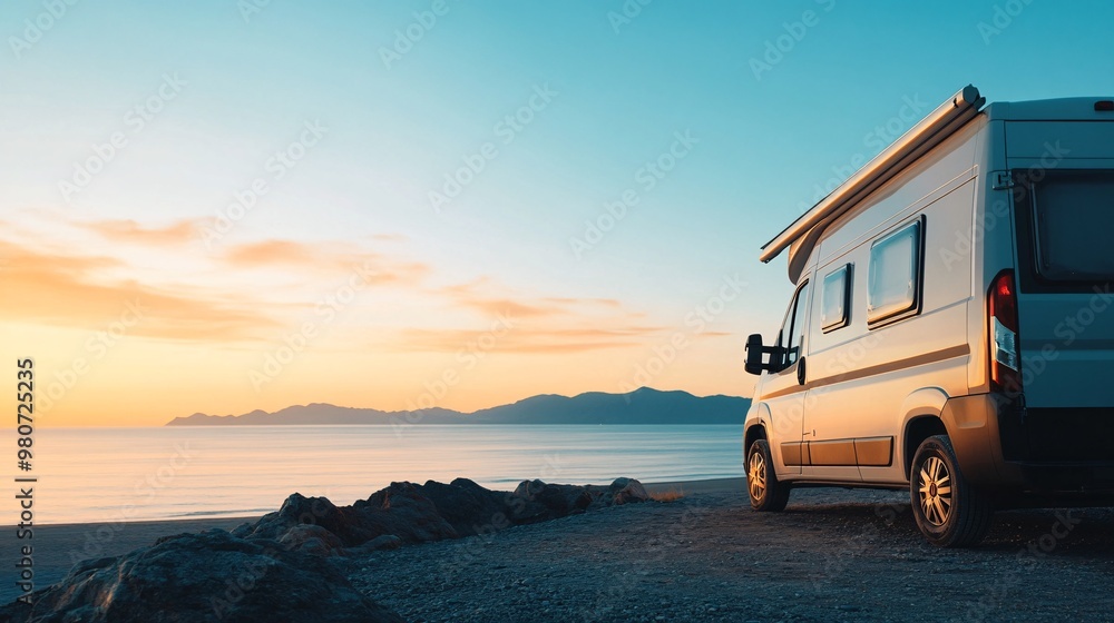 Camper van parked by the sea at sunset