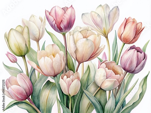 Delicate, dreamy watercolor tulips bloom in soft hues on a crisp white background, showcasing intricate botanical details in a beautiful, whimsical illustration.