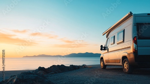 Obraz na płótnie Camper van parked by the sea at sunset w salonie