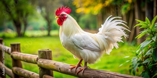 A beautiful Cochin chicken, with soft white feathers and gentle eyes, perches on a rustic wooden fence amidst photo