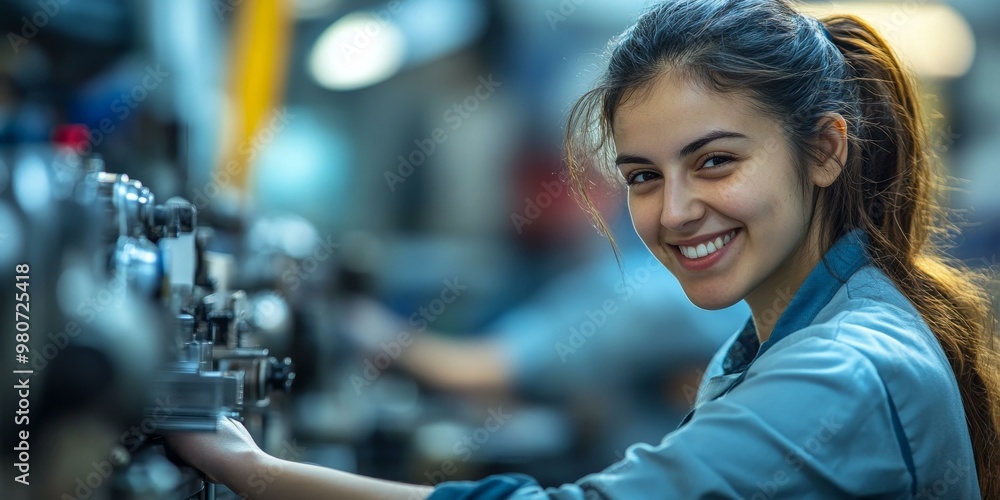 Smiling woman working on machinery in a factory. Smiling woman working on machinery in a factory.