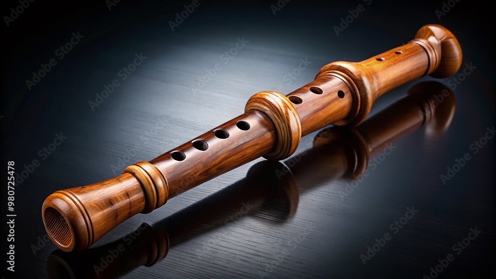Naklejka premium A beautifully crafted, intricately detailed, wooden recorder instrument lies solo on a velvety dark background,