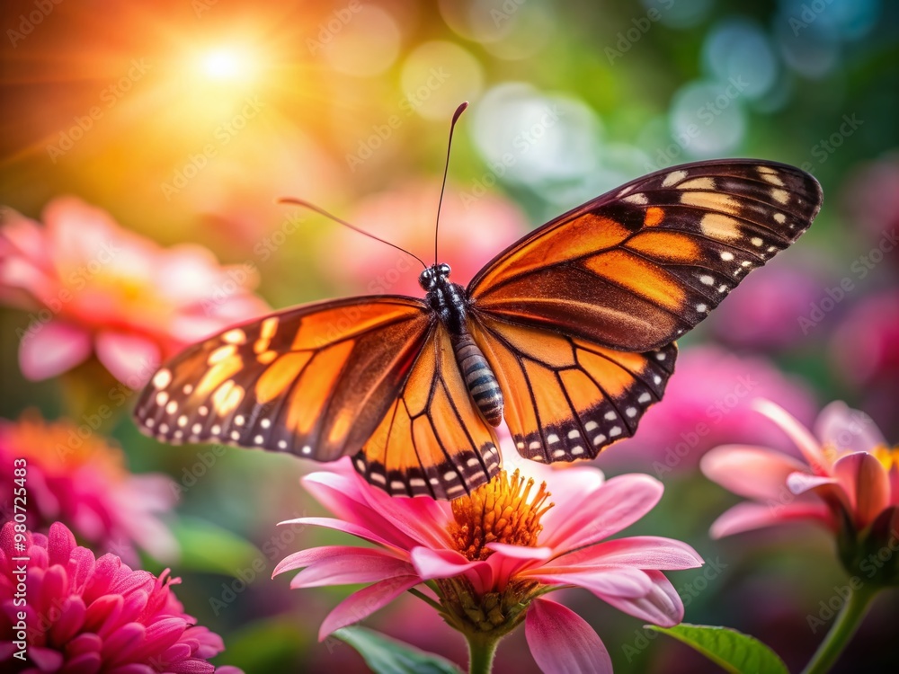 Fototapeta premium Delicate orange and black butterfly perched on vibrant pink flower petals, softly focused background highlighting intricate details of fluttering wings and gentle morning light.