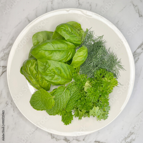 Basil, dill and parsley freshly picked and on a plate