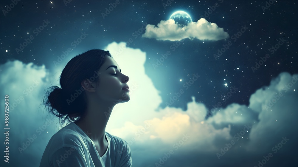 Obraz premium Dreamy Night Sky and Woman in Deep Thought