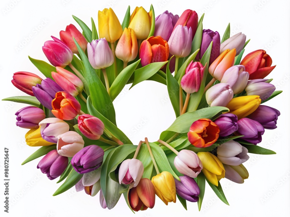 Vibrant colorful tulip flowers arranged in a circular wreath shape, beautifully bloomed, isolated on a transparent background, perfect for spring and Easter decorations. Vibrant colorful tulip flowers arranged in a circular wreath shape, beautifully bloomed, isolated on a transparent background, perfect for spring and Easter decorations.