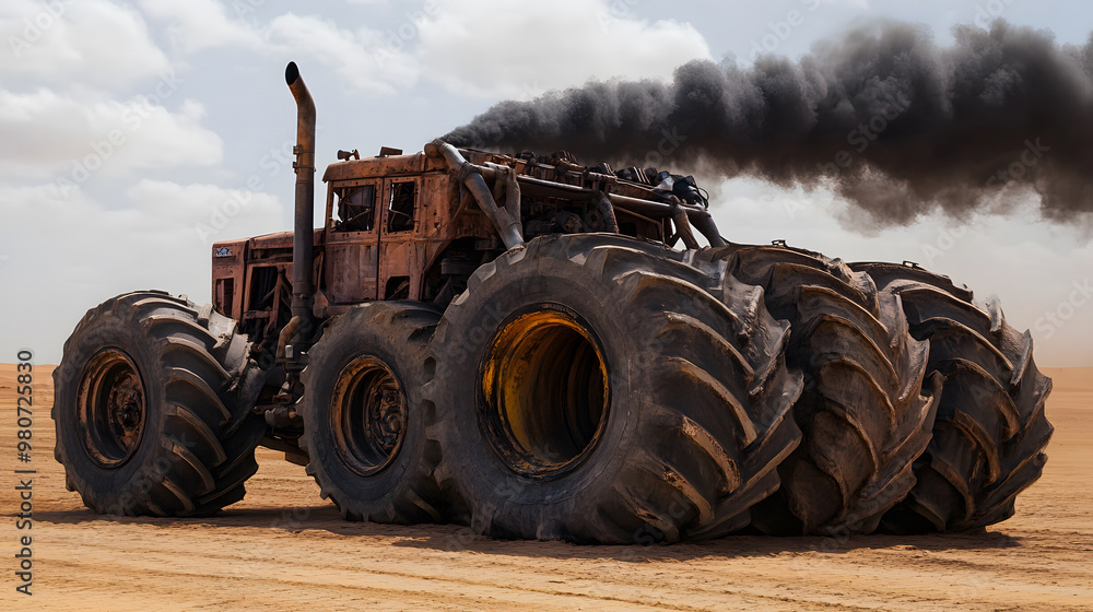 Heavy-Duty Rusty Tractor Emitting Smoke in a Muddy Field Under Cloudy Skies Heavy-Duty Rusty Tractor Emitting Smoke in a Muddy Field Under Cloudy Skies