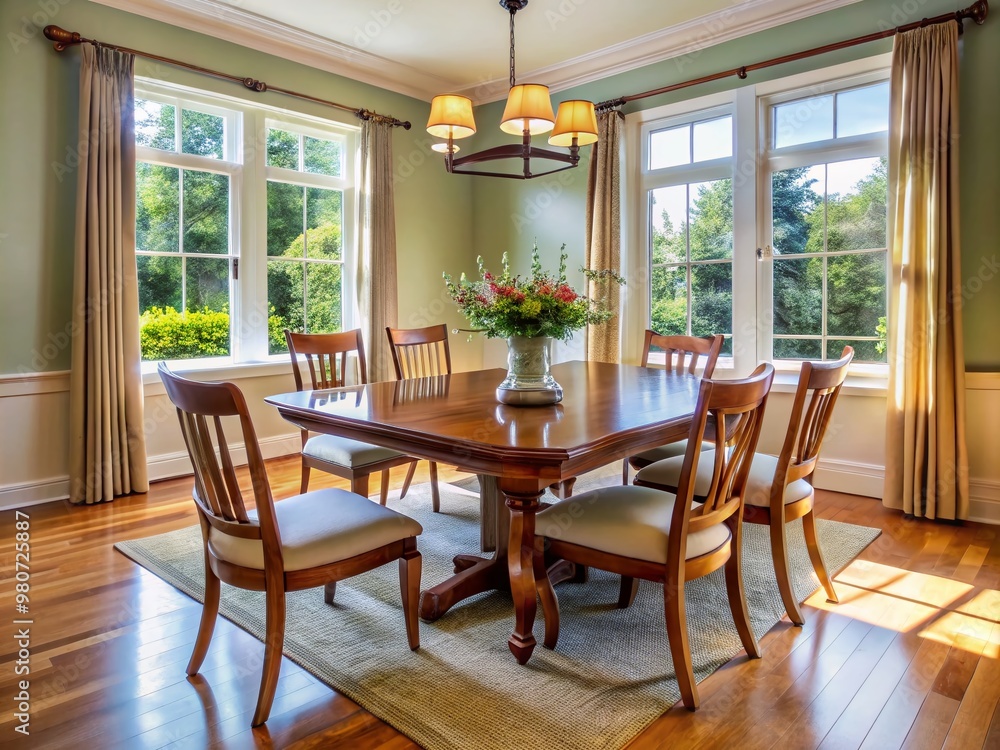 A beautifully refinished dining room table and chairs, restored to their former glory, sit elegantly in a bright A beautifully refinished dining room table and chairs, restored to their former glory, sit elegantly in a bright