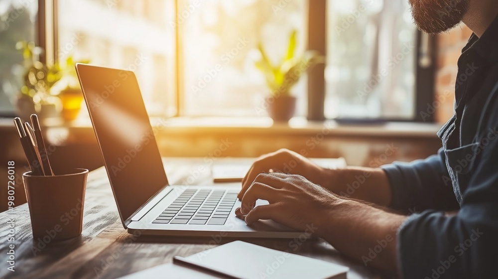 Fototapeta premium Man working on a laptop at a minimalist desk in a modern home office with natural sunlight and minimal decor