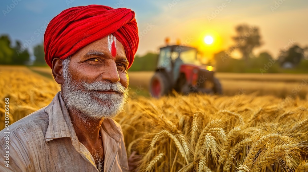 Modern Hindu farmer tending to golden wheat fields under a clear blue sky during sunset Modern Hindu farmer tending to golden wheat fields under a clear blue sky during sunset