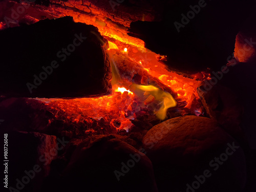 The closer details of a night fire and hot coals