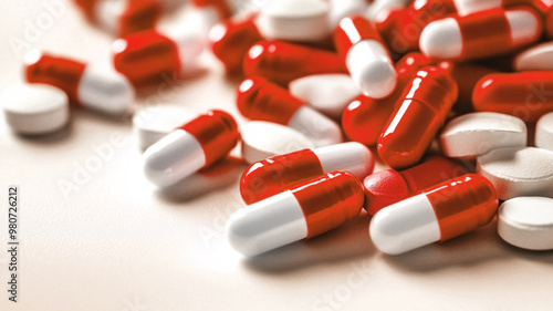 A pile of red and white pills on a table