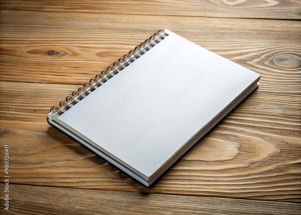 A blank, white, A5-sized notebook with a stainless steel spiral binding and crisp corner edges sits isolated on A blank, white, A5-sized notebook with a stainless steel spiral binding and crisp corner edges sits isolated on