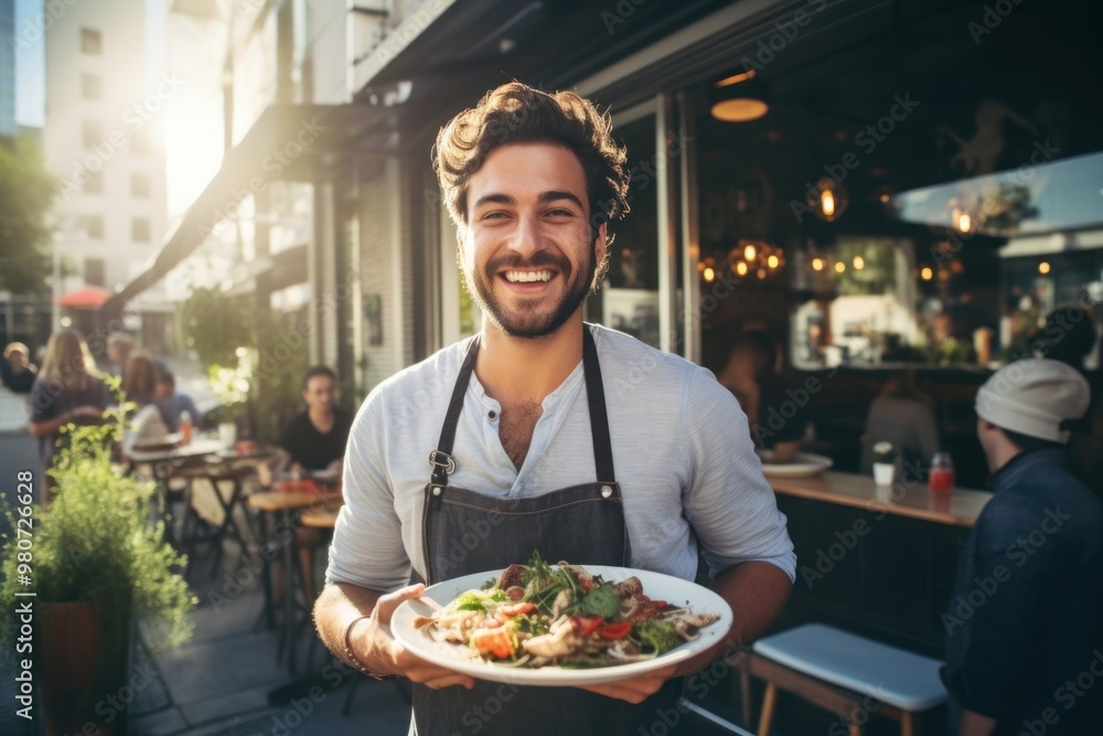 Cheerful holding waiter adult. Cheerful holding waiter adult.