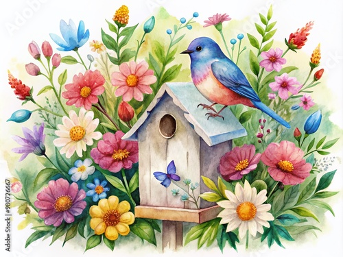 Whimsical watercolor illustration features a delicate bird box adorned with vibrant flowers and a charming bluebird perched on the rooftop, surrounded by lush foliage.