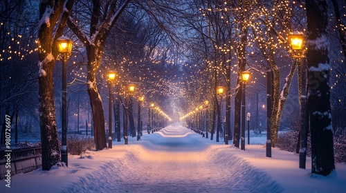 Snowy Evening Park Path Lit by Lanterns