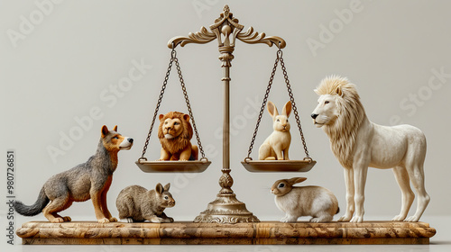Fototapeta Naklejka Na Ścianę i Meble -  Wildlife Balance on the Scales of Justice.Artistic depiction of various animals on a scale of justice, symbolizing equity in animal rights