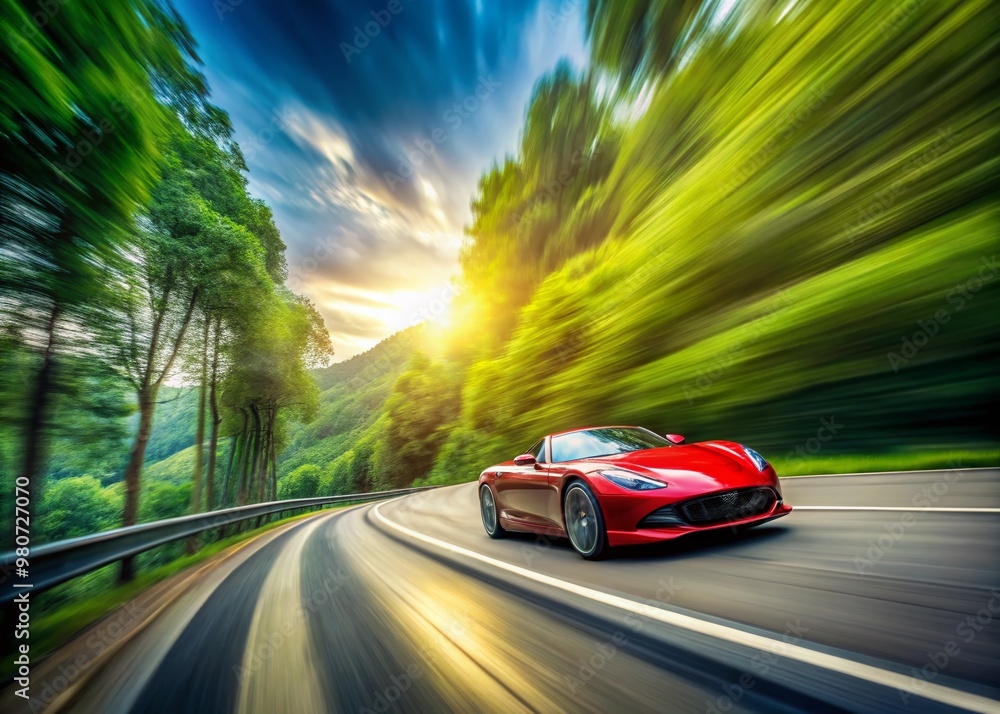 Fototapeta premium A blurred sports car speeds down a winding highway, motion trails and blurry trees conveying a sense of