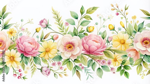 Vibrant watercolor floral border design with soft pink and yellow blooms, swirling tendrils, and delicate leaves on a creamy white background, perfect for spring.
