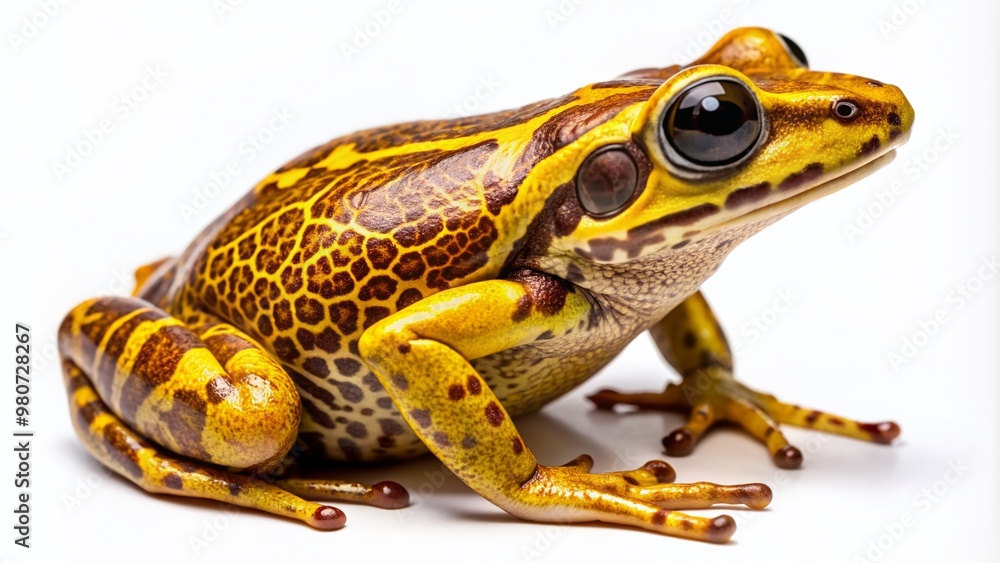 Obraz premium Vibrant yellow and brown patterned frog sits poised against a pure white background, showcasing its intricate details and striking coloration in high definition.