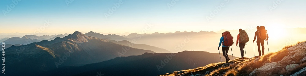 hikers trekking in mountain range during sunset hikers trekking in mountain range during sunset