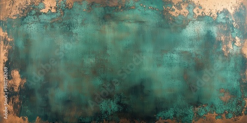 A textured abstract artwork featuring shades of teal and copper, evoking depth and serenity.