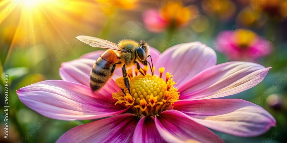 Vibrant yellow and pink petals surround a busy bee as it collects precious pollen and nectar from the flower's center on a warm sunny day. Vibrant yellow and pink petals surround a busy bee as it collects precious pollen and nectar from the flower's center on a warm sunny day.