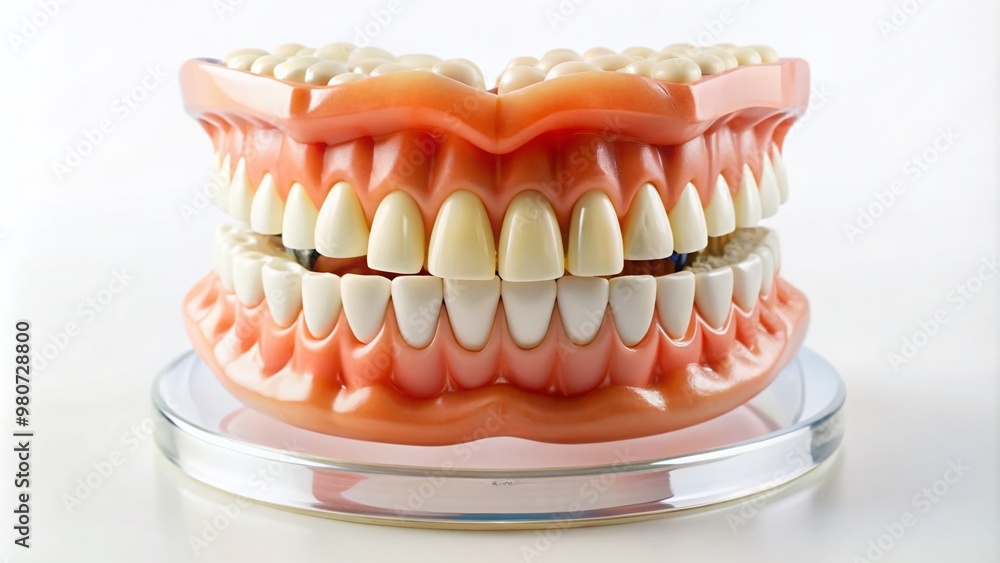 A brightly lit, precision-arranged display of dental model teeth numbered from 1 to 32, showcasing a complete and A brightly lit, precision-arranged display of dental model teeth numbered from 1 to 32, showcasing a complete and