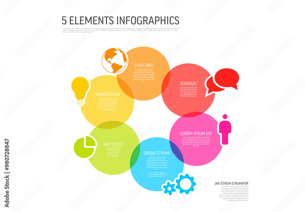 Simple semi transparent cycle infographic with six circles icons and descriptions