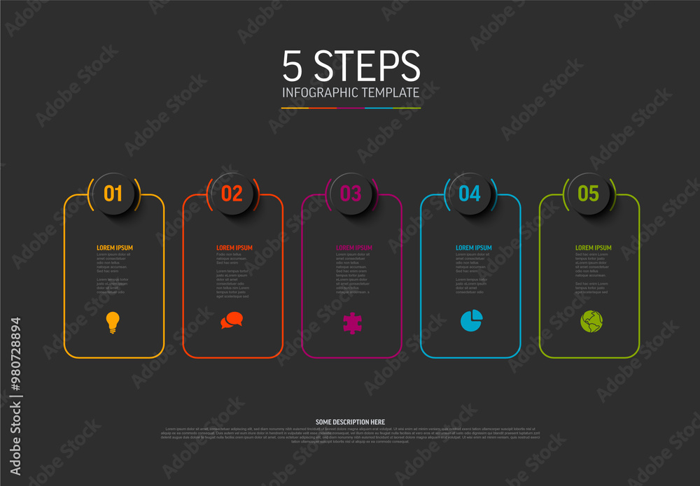 Dark infographic template with five rounded block cards