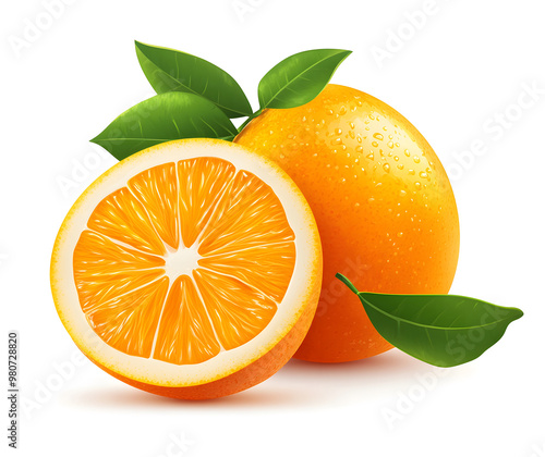  Fresh Orange Slice with Leaves - Realistic Fruit Illustration