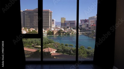 Las Vegas, Nevada - April 14, 2024: Hotel Room Overlooking Bellagio Fountains Lake