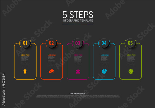 Obraz na płótnie Dark infographic template with five rounded block cards w salonie