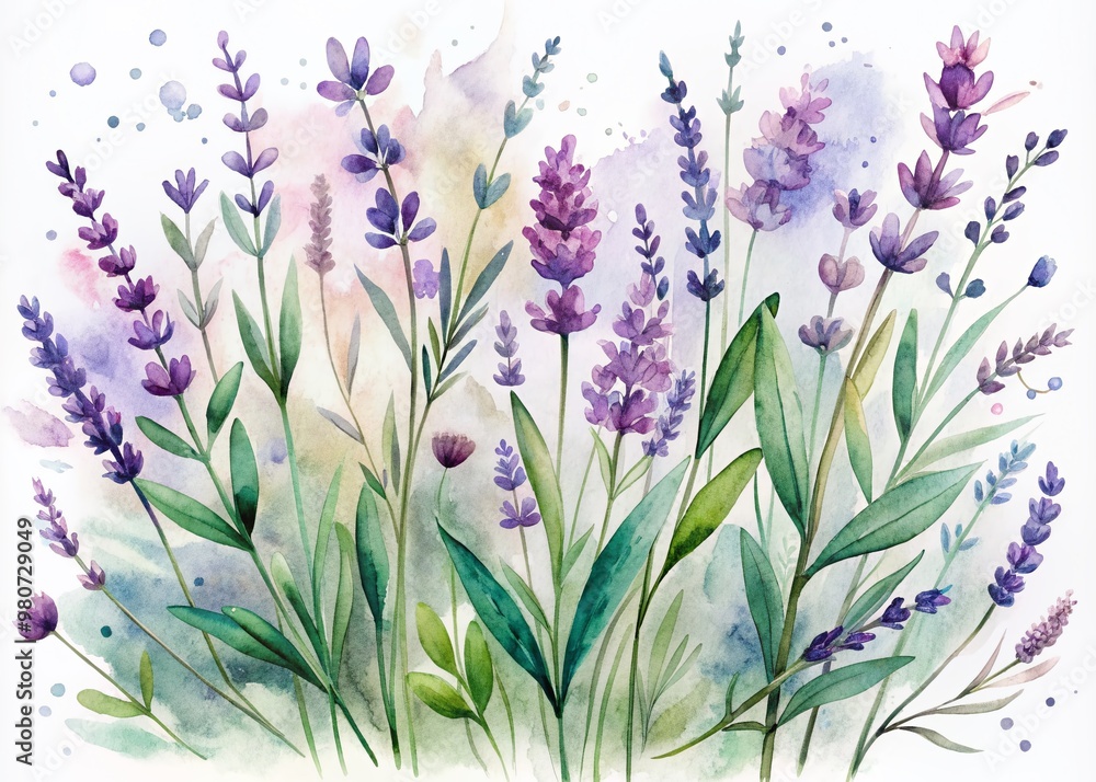 Obraz premium Soft, dreamy watercolor illustration of lavender flowers and leaves in pastel shades, scattered on a white background with gentle, whimsical brushstrokes.