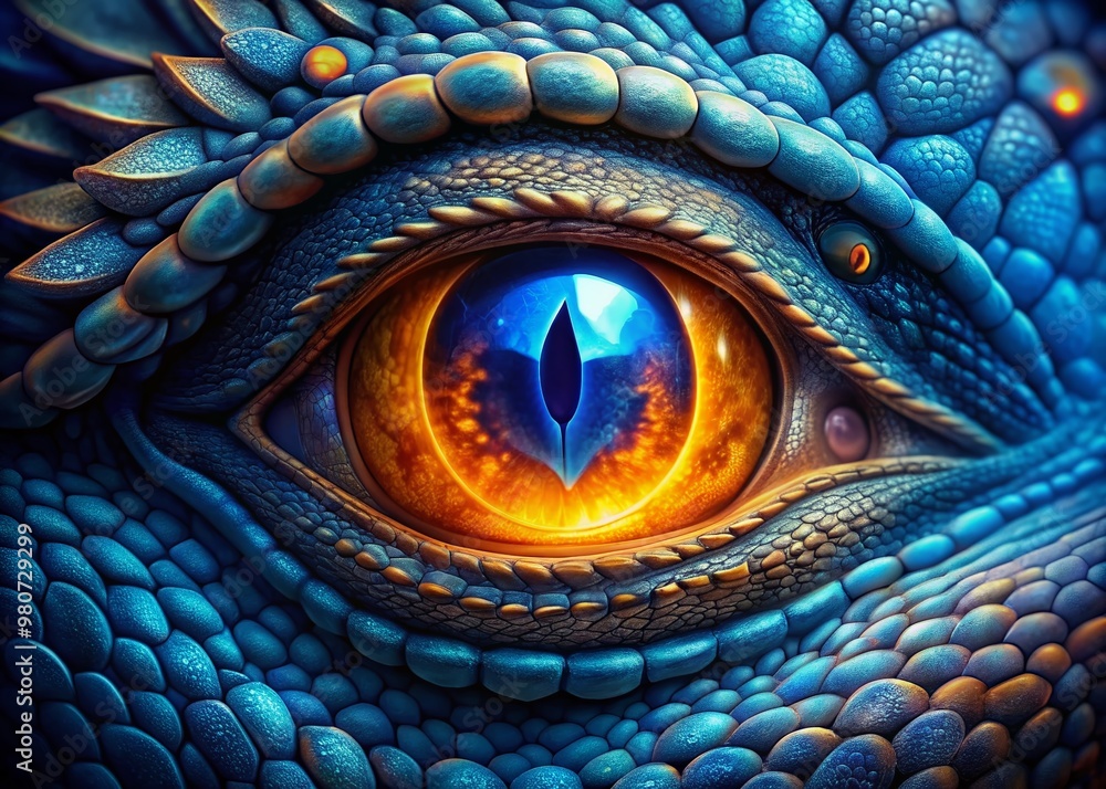 Fototapeta premium Vibrant blue iris of a mythical dragon's eye, surrounded by scaly skin and fiery pupils, gazing intensely with ancient wisdom and mystical power.