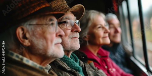 Three senior citizens look out a window.