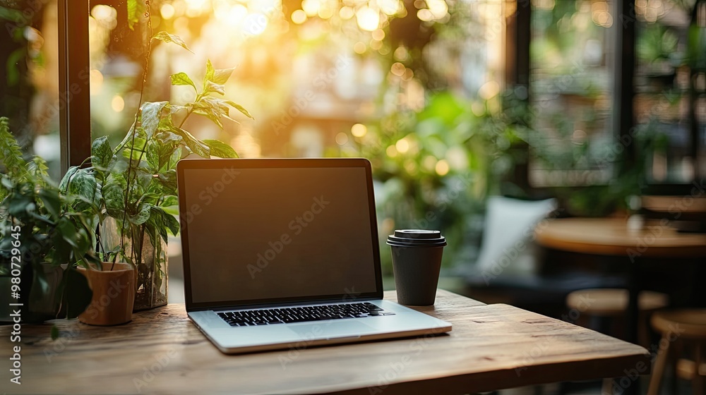Laptop or notebook with blank screen on wood table in blurry background Laptop or notebook with blank screen on wood table in blurry background