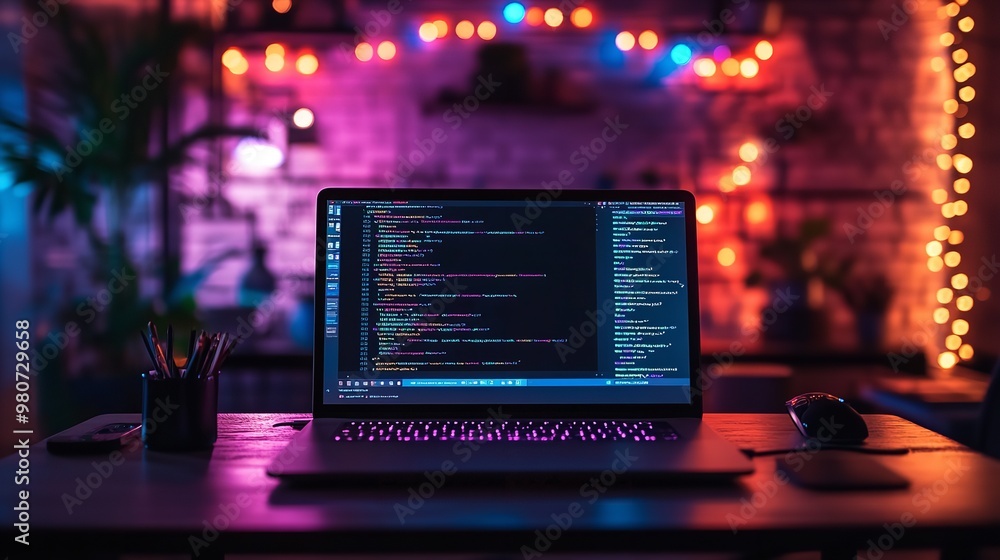 Computer monitor showing programming code on desk in cozy room Computer monitor showing programming code on desk in cozy room
