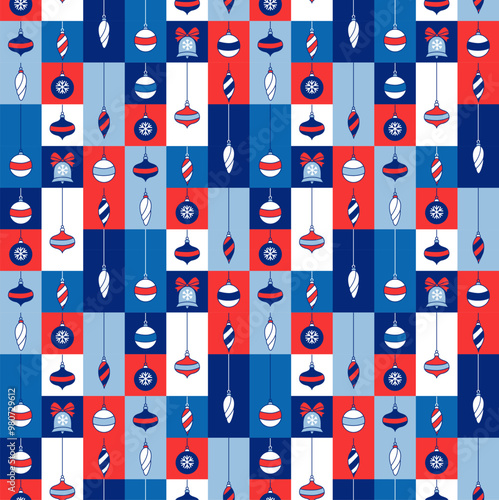 Seamless pattern featuring Christmas ornaments and festive decorations. Geometric shapes and a minimalist Scandinavian style, perfect for digital wallpapers and seasonal backdrops. Vector Illustration