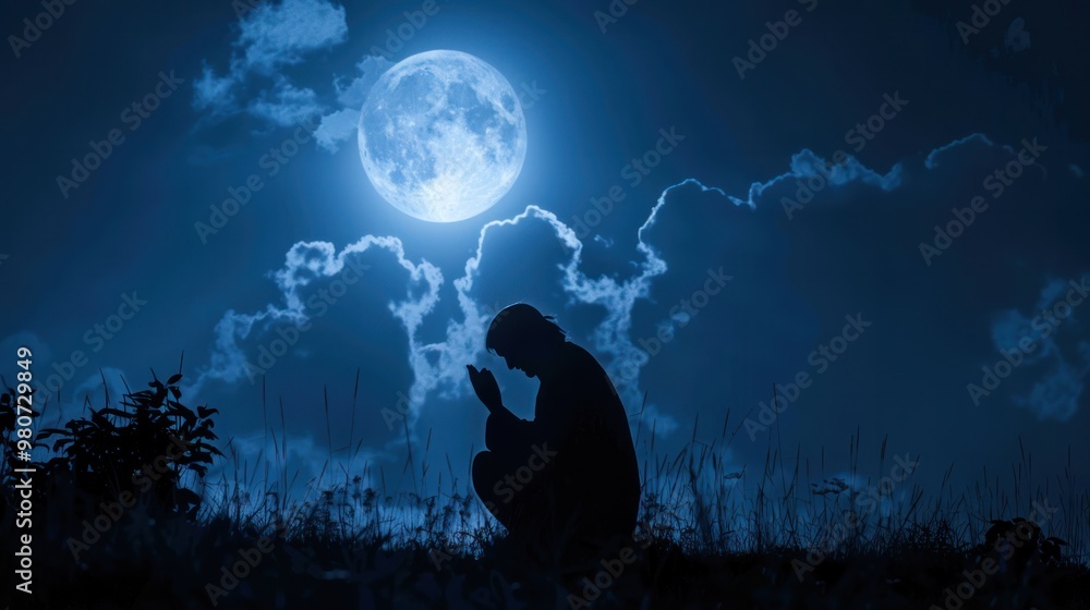 Divine connection, Jesus praying under a full moon, his silhouette illuminated by the light Divine connection, Jesus praying under a full moon, his silhouette illuminated by the light
