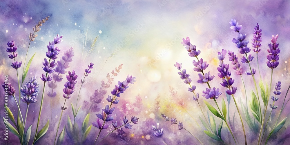 Softly blooming purple lavender flowers dance across a delicate watercolor background, filling the space with serene elegance, perfect for greeting cards, weddings, or birthdays. Softly blooming purple lavender flowers dance across a delicate watercolor background, filling the space with serene elegance, perfect for greeting cards, weddings, or birthdays.
