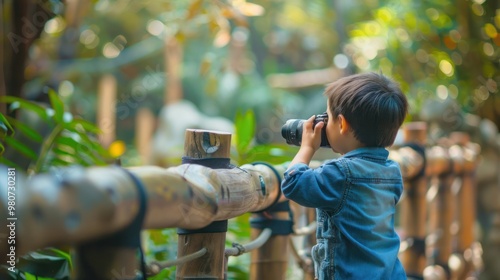 Early age photographer, a boy taking pictures at a zoo, fascinated by the animals
