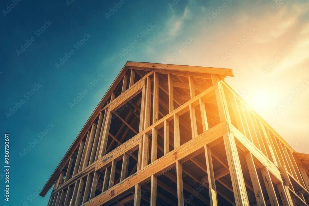 Sunlit wooden house under construction Sunlit wooden house under construction
