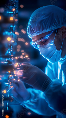A man in a lab coat is wearing a mask and gloves while working with a computer. The image has a futuristic and scientific feel to it