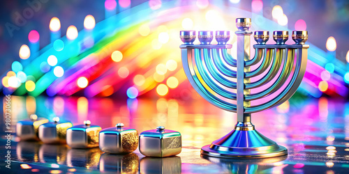 3D Holographic Dreidel and Menorah on Glossy Desktop Background with Ample Copy Space for Festive Campaigns and Seasonal Promotions
