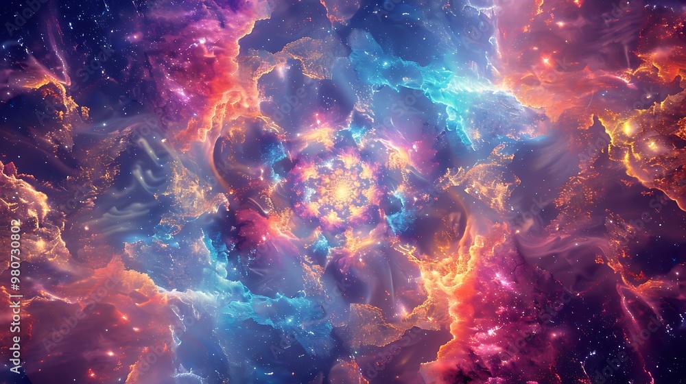 Ethereal neon fractal pattern, radiating across a cosmic landscape with distant stars and nebulas in the background Ethereal neon fractal pattern, radiating across a cosmic landscape with distant stars and nebulas in the background