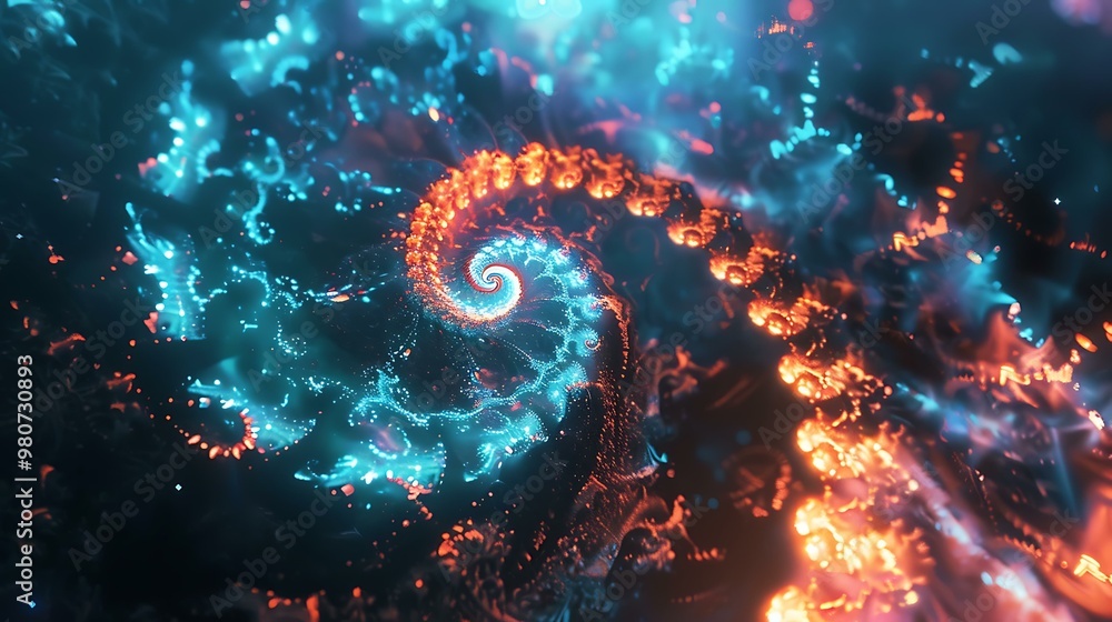 Glowing neon fractal spirals intersecting with galactic elements, blending abstract shapes with the vastness of space Glowing neon fractal spirals intersecting with galactic elements, blending abstract shapes with the vastness of space